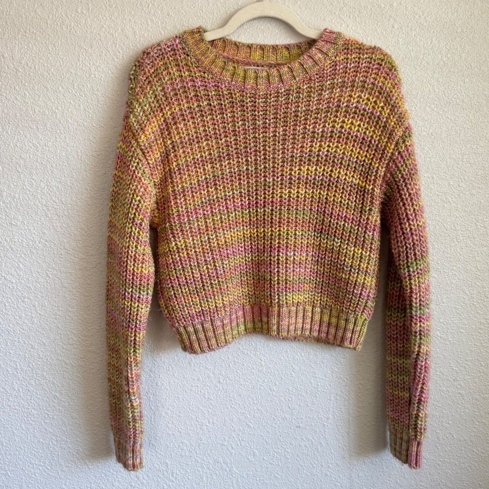 Anthropologie Pink Space Dye Chunky Knit Cropped Sweater Small‎ Boho Cottage